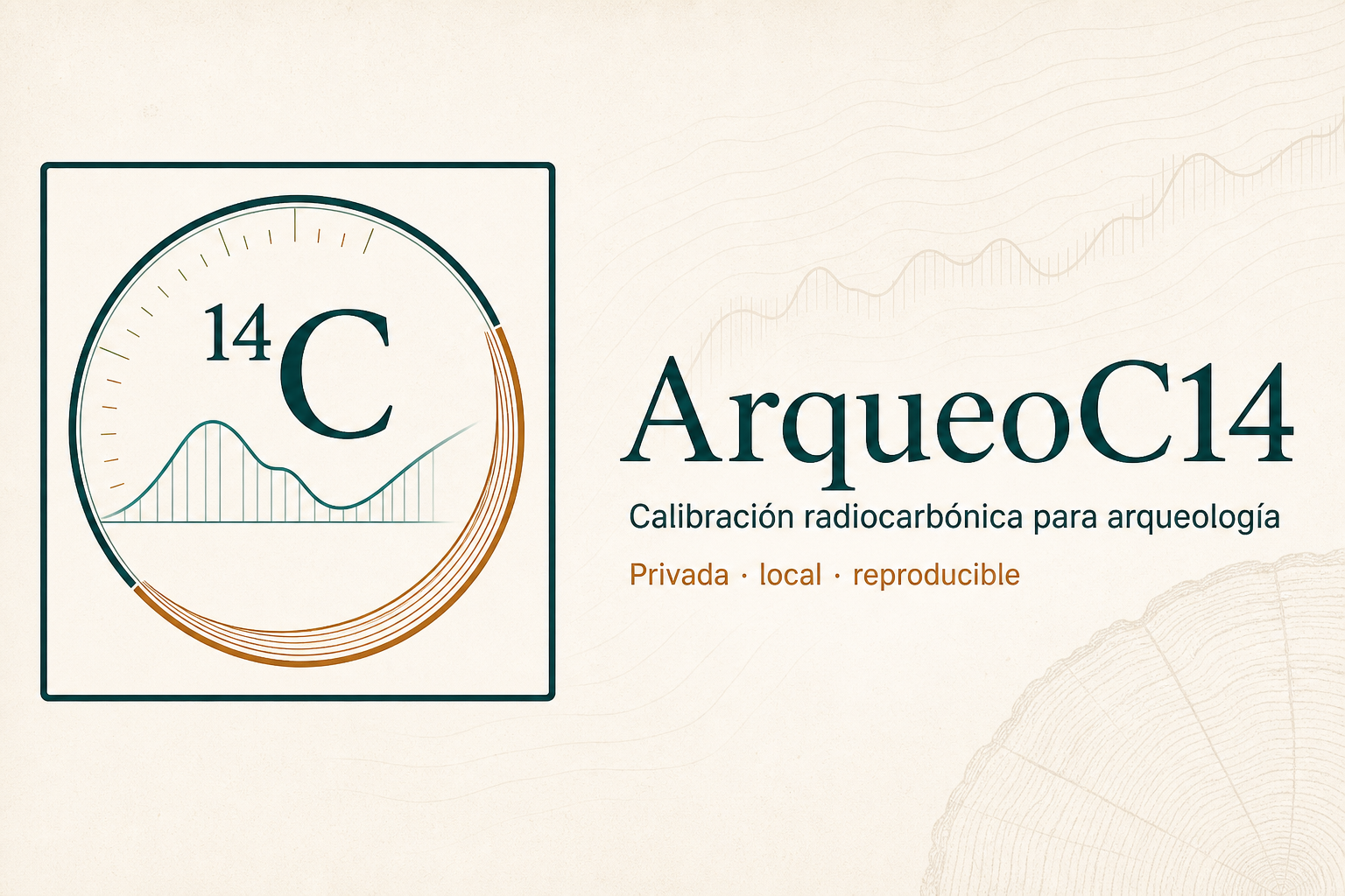 ArqueoC14 visual identity featuring a calibration curve and temporal ring